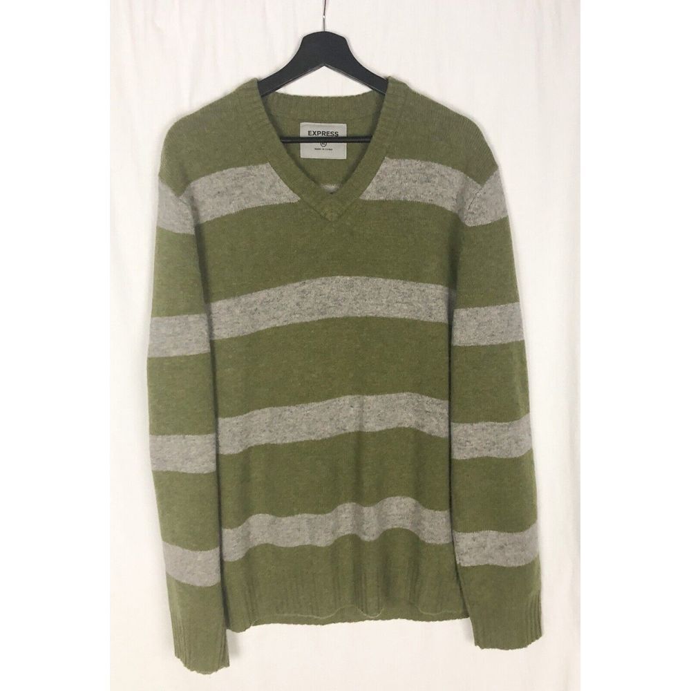 Express Mens V Neck Sweater 100% Lambswool Wool Green Gray Pullover Size XL
